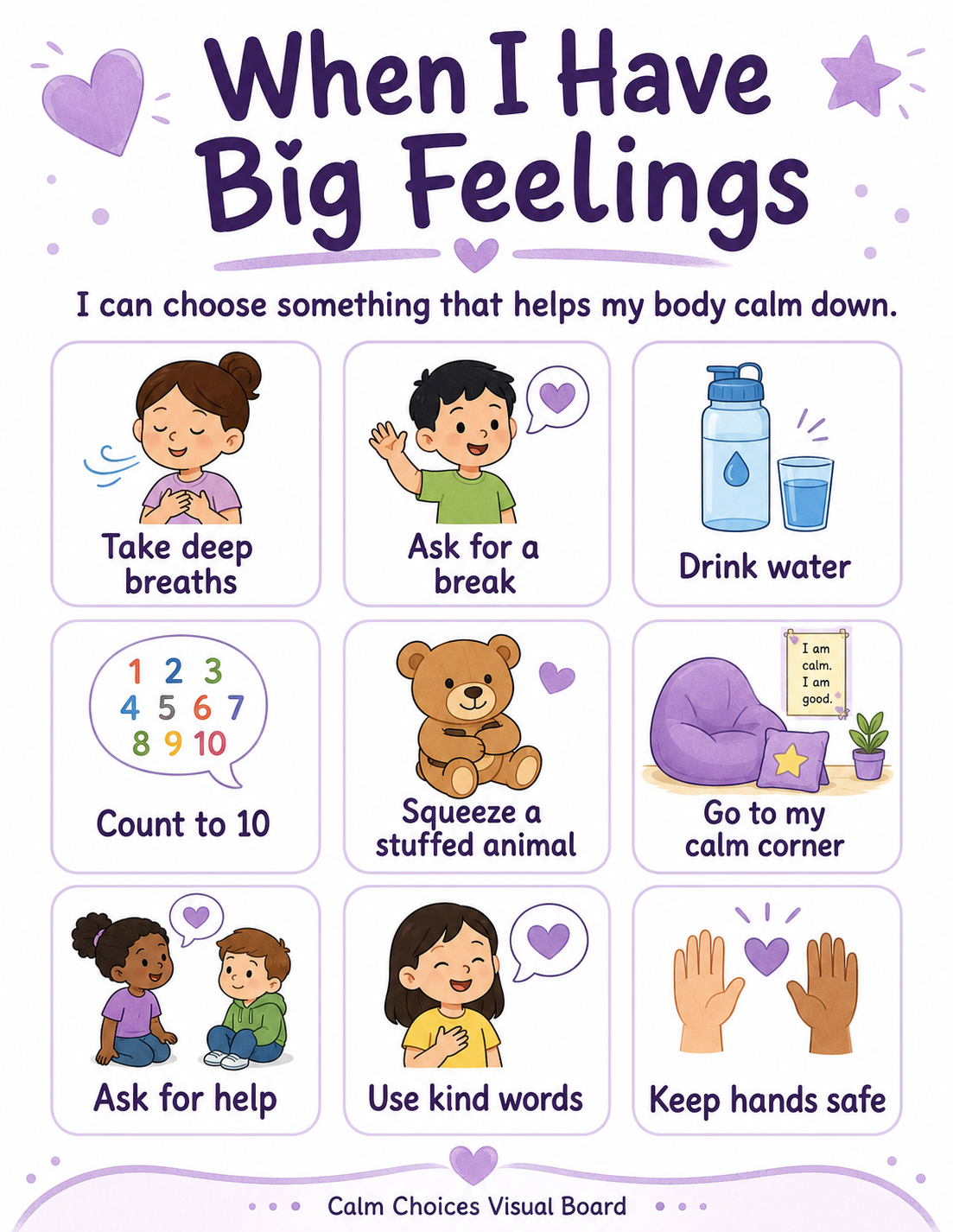 Big Feelings Calm Choices Visual Board | Pre-K, SPED, Autism, ADHD, Classroom Calm Corner Printable