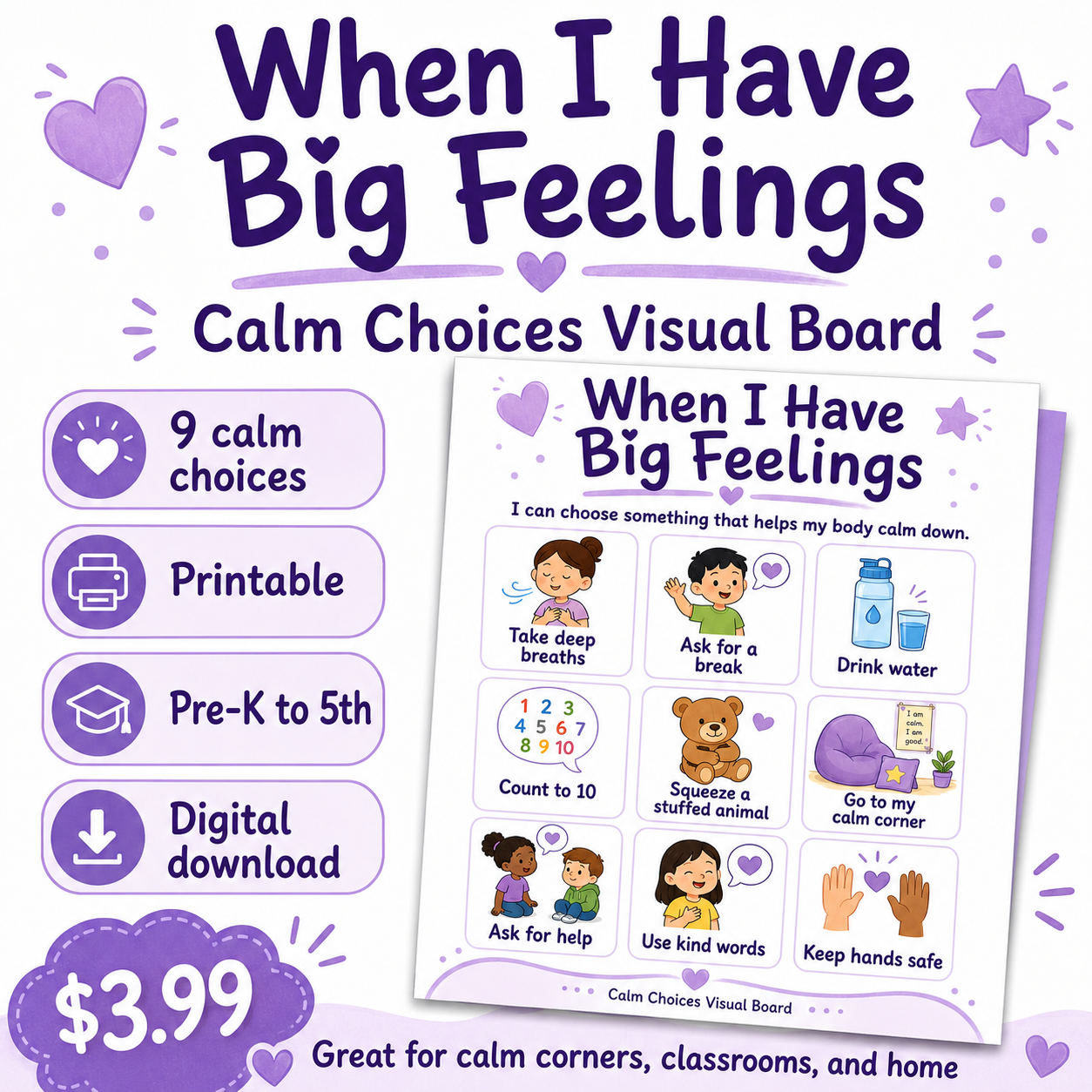 Big Feelings Calm Choices Visual Board | Pre-K, SPED, Autism, ADHD, Classroom Calm Corner Printable