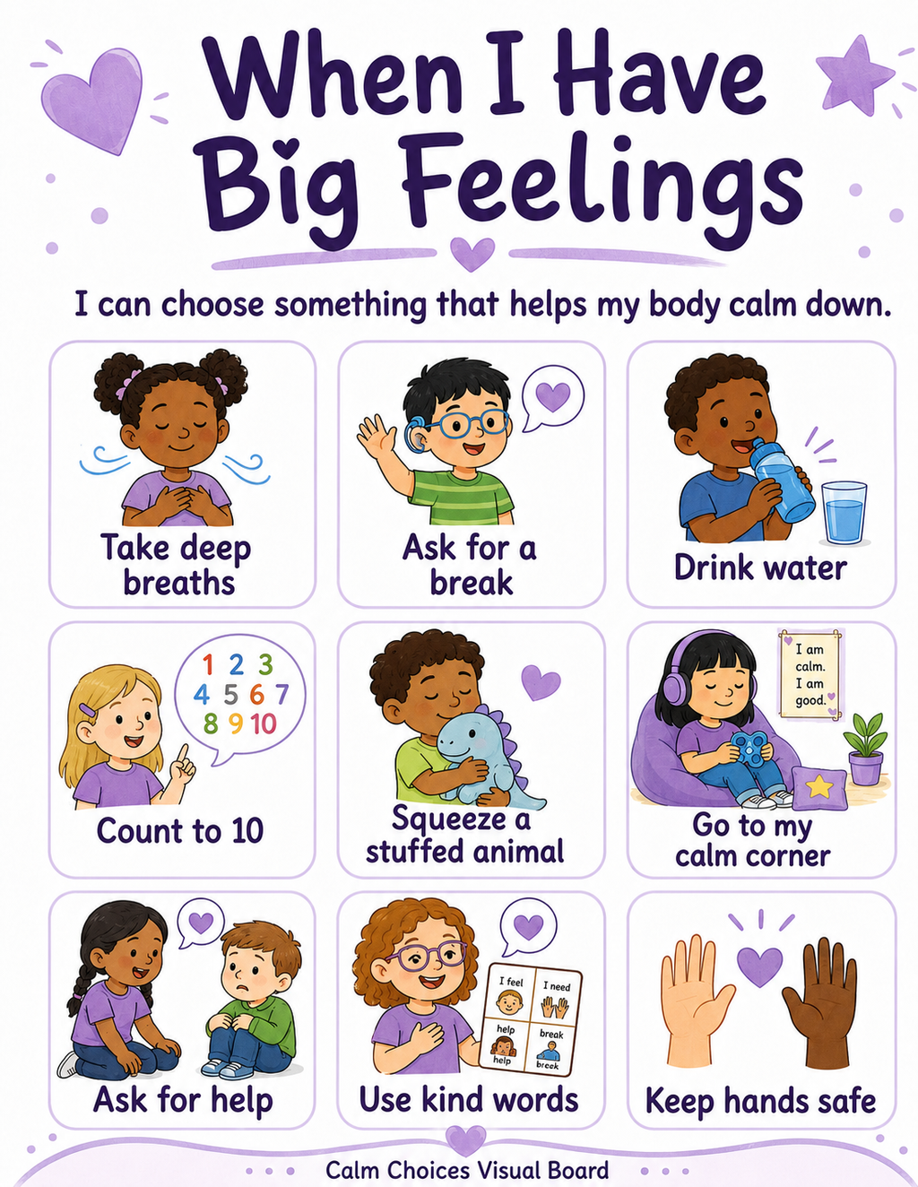Big Feelings Calm Choices Visual Board | Pre-K, SPED, Autism, ADHD, Classroom Calm Corner Printable